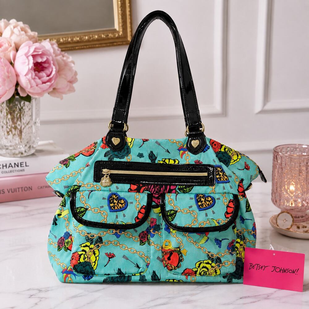Betsey Johnson Women's Floral Chain Print Satchel Shoulder Bag Turquoise Hearts